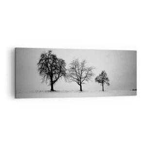 Obraz na płótnie - Trzy drzewa na zaśnieżonym polu w monochromatycznym stylu - 140x50cm - O czym śnią? - Nowoczesna dekoracja ścienna do salonu i sypialni ARTTOR