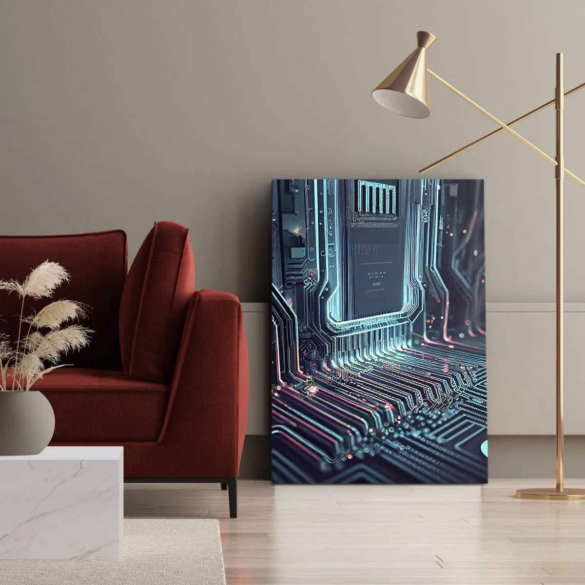 Obraz na płótnie - Cyfrowy układ scalony w futurystycznym stylu neonowym - 50x70cm - Tak sobie myślę… - Nowoczesna dekoracja ścienna do salonu, kuchni i sypialni ARTTOR