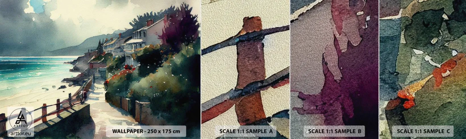 Fototapeta Próbka Premium Sand - Śródziemnomorskie miasteczko - Domy, Pejzaż, Plaża - 100x30 cm