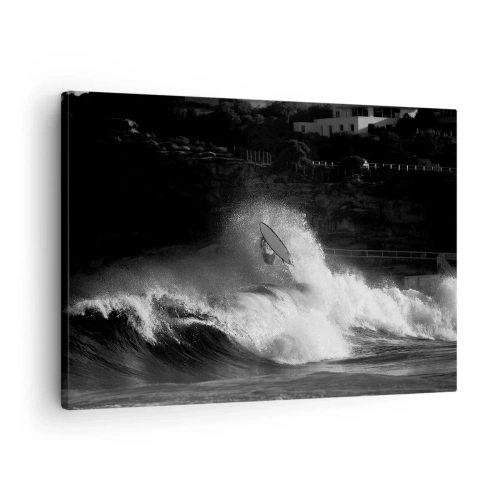 Obraz na płótnie - Surfer na fali w monochromatycznym ujęciu - 70x50cm - Wyzwanie przyjęte! - Nowoczesna dekoracja ścienna do salonu i sypialni ARTTOR
