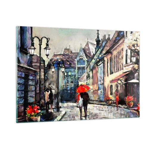 Obraz na szkle - Para pod czerwonym parasolem spacerująca po malowniczej uliczce - 120x80cm - Deszcz dla dwojga - Nowoczesna dekoracja ścienna do salonu, kuchni i sypialni ARTTOR