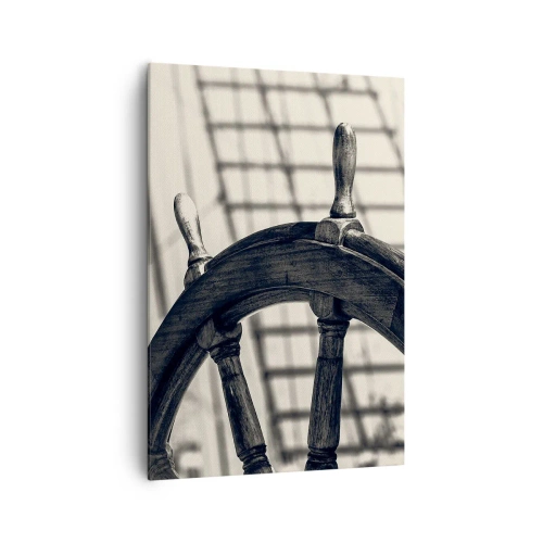 Obraz na płótnie - Ster żeglarski w stylu retro na tle statku - 70x100cm - Morskie opowieści - Nowoczesna dekoracja ścienna do salonu i sypialni ARTTOR