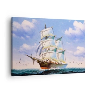 Obraz na płótnie - Żaglowiec na otwartym morzu pod błękitnym niebem - 70x50cm - Dumnie z wiatrem - Nowoczesna dekoracja ścienna do salonu i sypialni ARTTOR