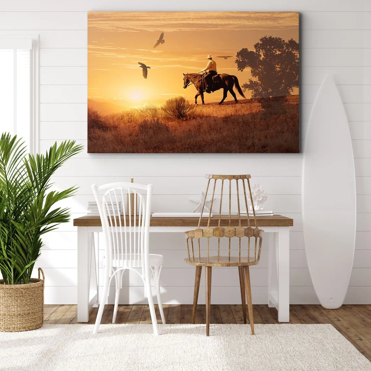 Obraz na płótnie - Jezdziec na koniu o zachodzie słońca na tle prerii - 70x50cm - Samotnie przez prerię - Nowoczesna dekoracja ścienna do salonu i sypialni ARTTOR