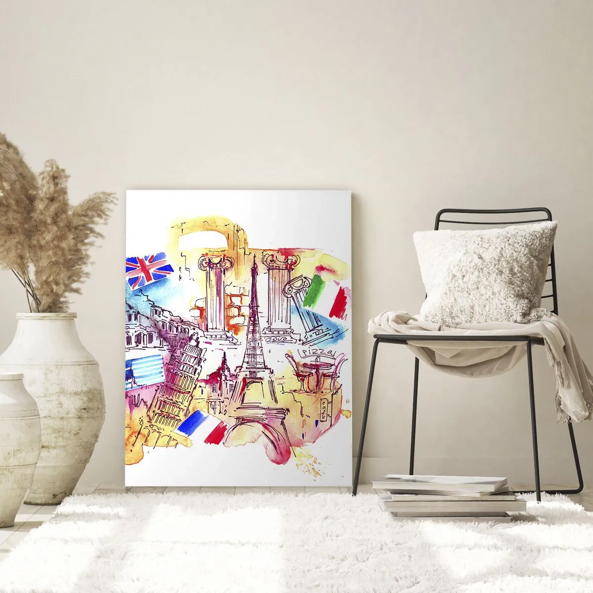 Obraz na szkle - Akwarela europejskich symboli z flagami krajów - 80x120cm - Europejskie tourne - Nowoczesna dekoracja ścienna do salonu i sypialni ARTTOR