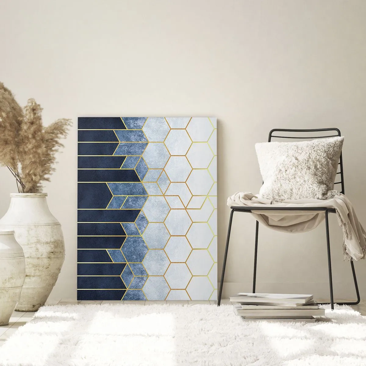 Obraz na szkle - Geometryczny wzór w odcieniach złota i granatu - 80x120cm - Kompozycja w synkopowym rytmie - Nowoczesna dekoracja ścienna do salonu i sypialni ARTTOR