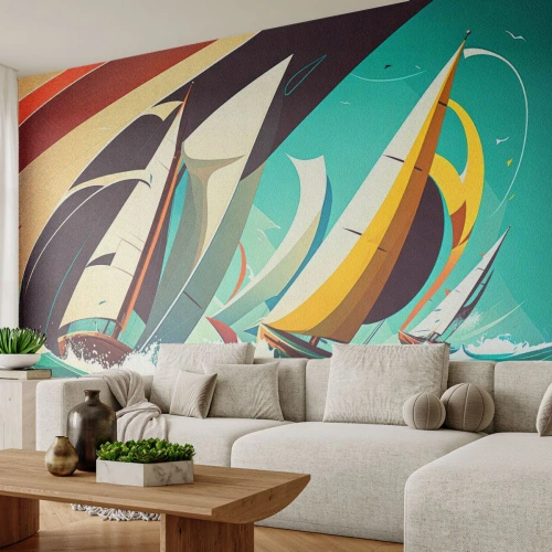 Fototapeta Premium Sand - Kolorowa ilustracja regat z dynamicznymi żaglami i falami - 100x70cm - Z żywiołami za pan brat - Nowoczesna dekoracja ścienna do salonu, kuchni i sypialni ARTTOR
