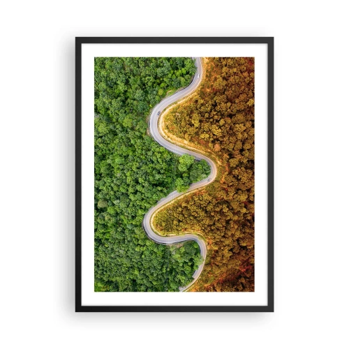 Plakat w czarnej ramie - Droga wijąca się przez las podzielony na zieloną i jesienną część - 50x70cm - Granice i przełomy - Nowoczesna dekoracja ścienna do salonu i sypialni ARTTOR