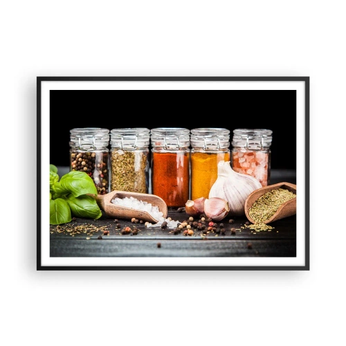 Plakat w czarnej ramie - Zioła i przyprawy w szklanych słoikach na ciemnym tle - 100x70cm - Żeby życie miało smak - Nowoczesna dekoracja ścienna do salonu i sypialni ARTTOR