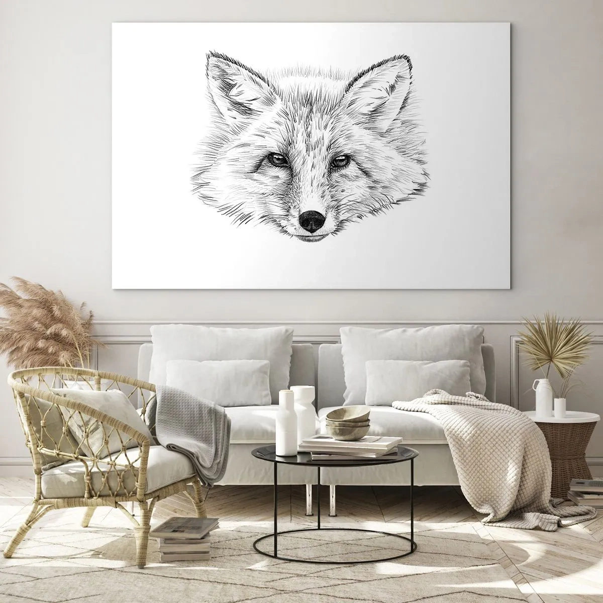 Obraz na szkle - Rysunek głowy lisa na białym tle - 120x80cm - Czy te oczy mogą kłamać? - Nowoczesna dekoracja ścienna do salonu, kuchni i sypialni ARTTOR
