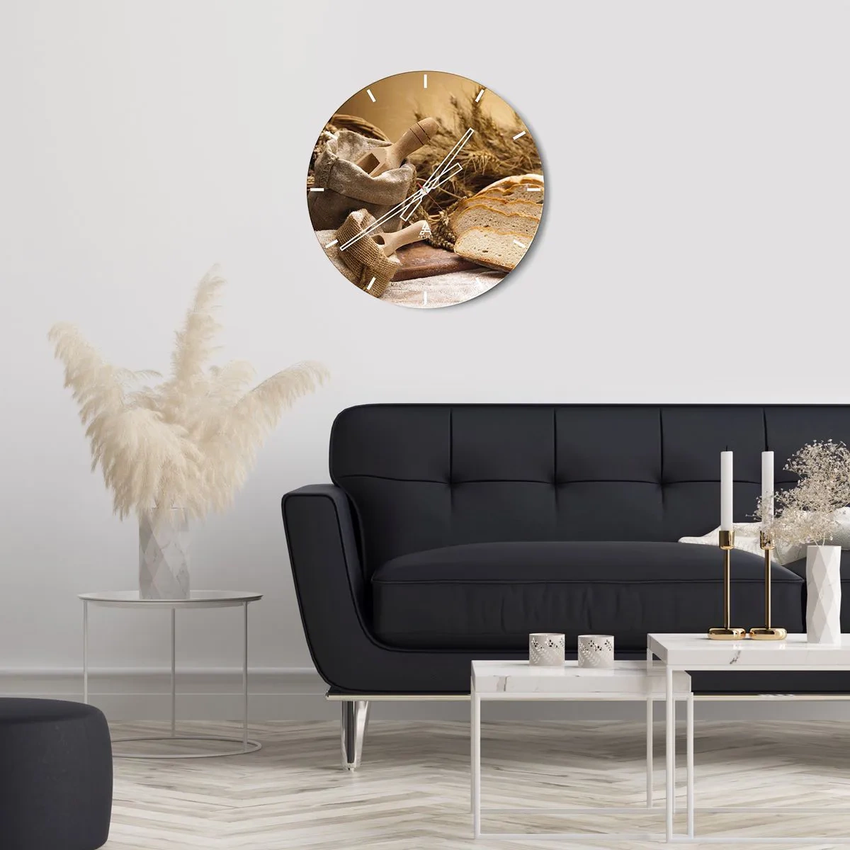 Zegar ścienny - Worek z mąką, chleb i kłosy zbóż w rustykalnym stylu - 30x30cm - Jak nożem uciął - Nowoczesna dekoracja ścienna do salonu, kuchni i sypialni ARTTOR
