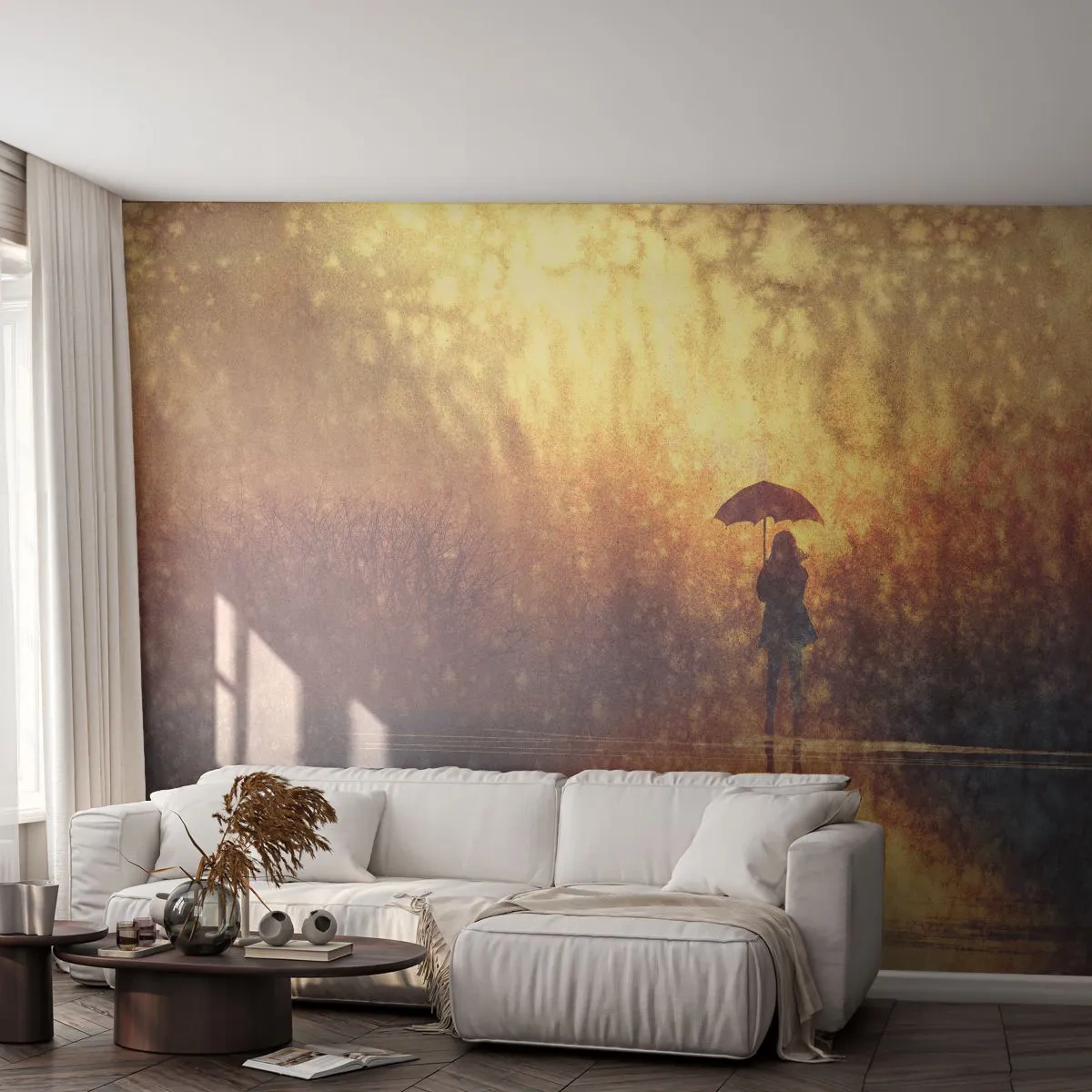 Fototapeta Premium Sand - Postać z parasolem w świetle złotej mgły - 100x70cm - Czuję, że ktoś na mnie patrzy - Nowoczesna dekoracja ścienna do salonu, kuchni i sypialni ARTTOR