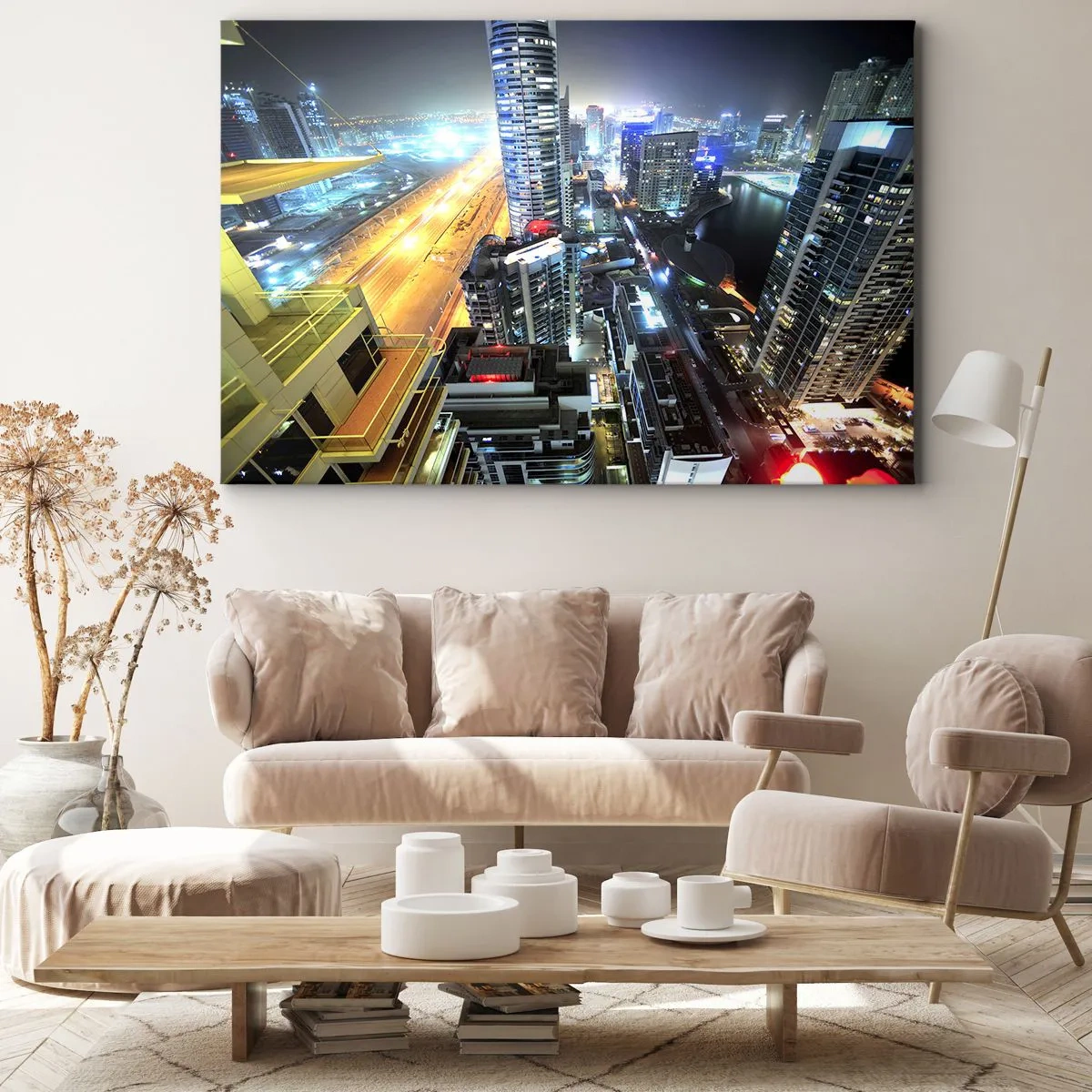 Obraz na płótnie - Panorama nocnego miasta z oświetlonymi drapaczami chmur - 120x80cm - Cud na pustyni - Nowoczesna dekoracja ścienna do salonu, kuchni i sypialni ARTTOR