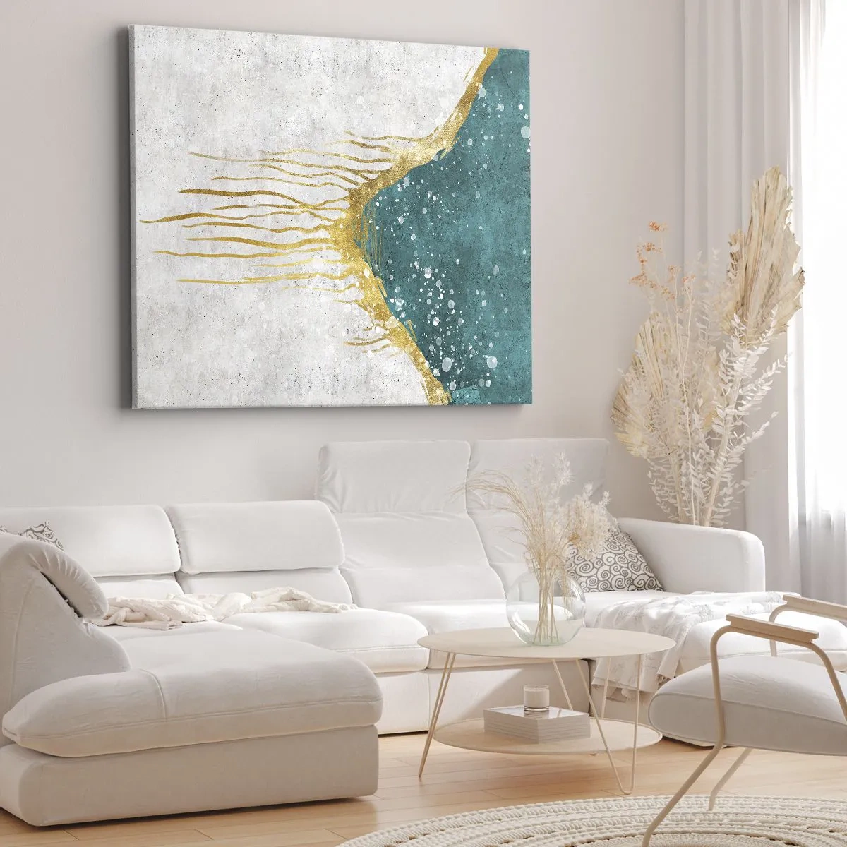 Obraz na płótnie - Abstrakcyjna kompozycja w odcieniach złota i turkusu - 70x50cm - Złoty przypływ - Nowoczesna dekoracja ścienna do salonu i sypialni ARTTOR
