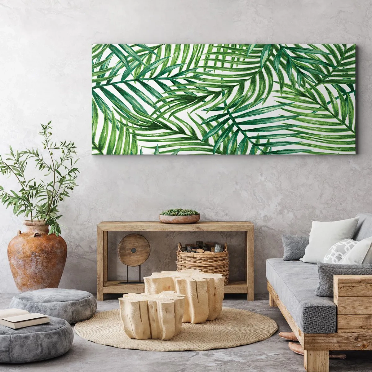 Obraz na płótnie - Zielone liście tropikalnych palm na jasnym tle - 120x50cm - Pod zielonym baldachimem - Nowoczesna dekoracja ścienna do salonu i sypialni ARTTOR