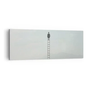 Obraz na płótnie - Mężczyzna na drabinie wznoszącej się w niebo - 140x50cm - Wznieś się ponadto - Nowoczesna dekoracja ścienna do salonu i sypialni ARTTOR