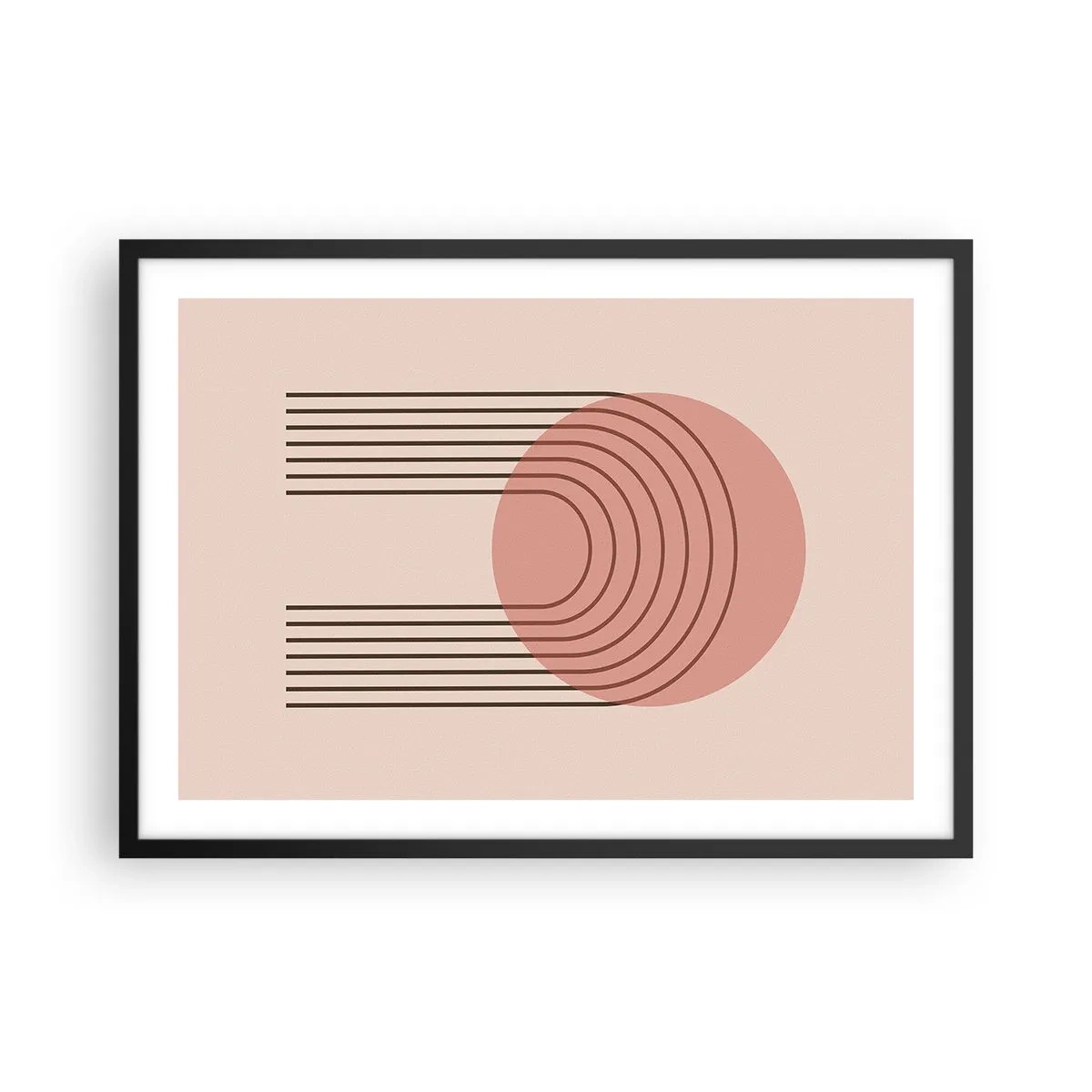 Plakat w czarnej ramie - Abstrakcyjny motyw z różowym okręgiem i liniami - 70x50cm - Nieodparte przyciąganie - Nowoczesna dekoracja ścienna do salonu i sypialni ARTTOR