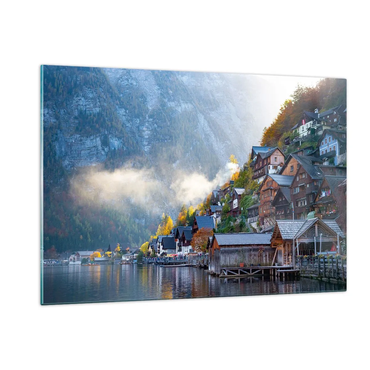 Obraz na szkle - Jesienny poranek w górskim miasteczku nad jeziorem - 120x80cm - Alpejskie klimaty - Nowoczesna dekoracja ścienna do salonu, kuchni i sypialni ARTTOR