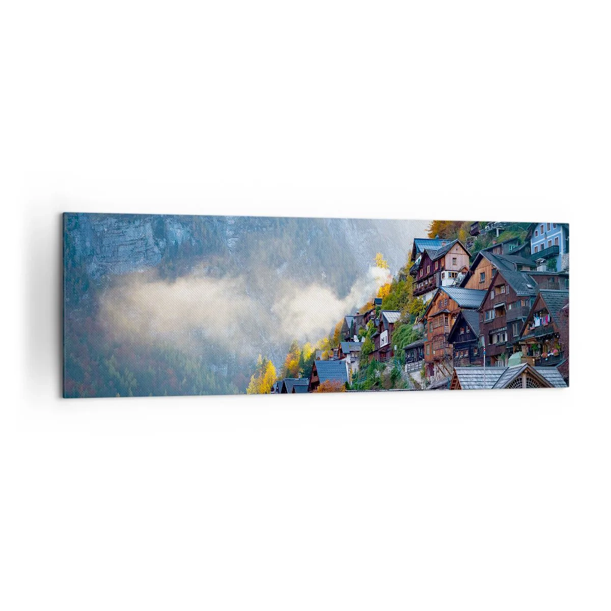 Obraz na płótnie - Górska wioska nad jeziorem w jesiennej scenerii - 160x50cm - Alpejskie klimaty - Nowoczesna dekoracja ścienna do salonu i sypialni ARTTOR
