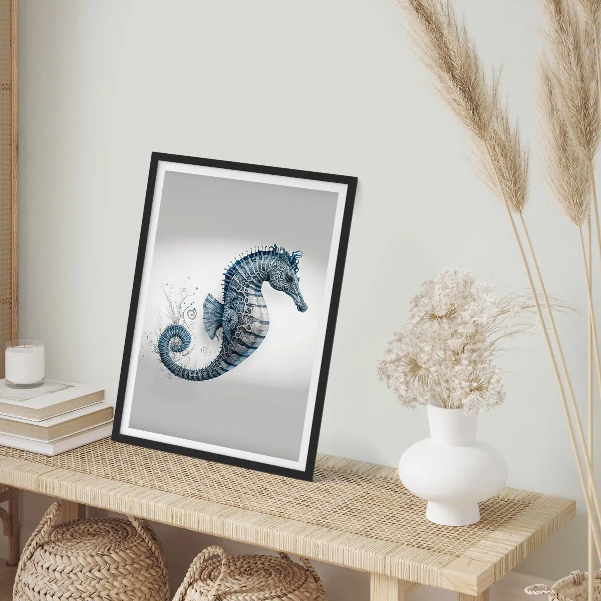 Plakat w czarnej ramie - Detaliczna ilustracja konika morskiego na jasnym tle - 50x70cm - Subtelny żart natury - Nowoczesna dekoracja ścienna do salonu i sypialni ARTTOR