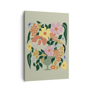 Obraz na płótnie - Kolorowa kompozycja kwiatowa w wazonie na zielonym tle - 50x70cm - Bukiet kipiący życiem - Nowoczesna dekoracja ścienna do salonu, kuchni i sypialni ARTTOR