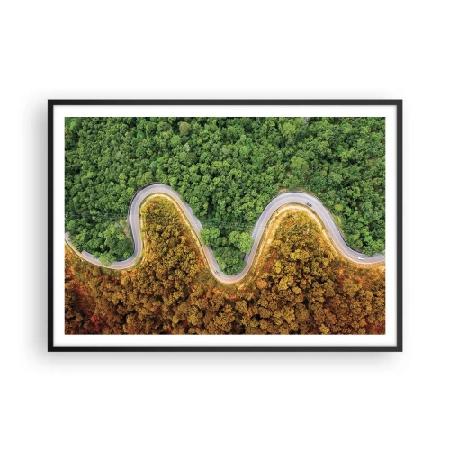 Plakat w czarnej ramie - Zakręcona droga przez las widziana z lotu ptaka - 100x70cm - Granice i przełomy - Nowoczesna dekoracja ścienna do salonu i sypialni ARTTOR