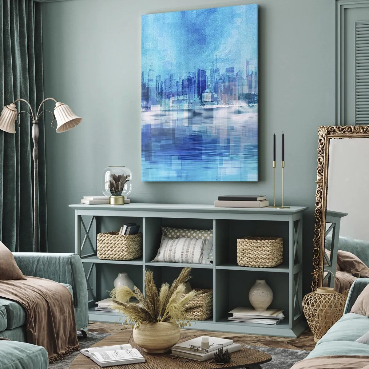 Obraz na płótnie - Zatopione w błękicie - Abstrakcyjny krajobraz miejski w odcieniach błękitu - 50x70cm