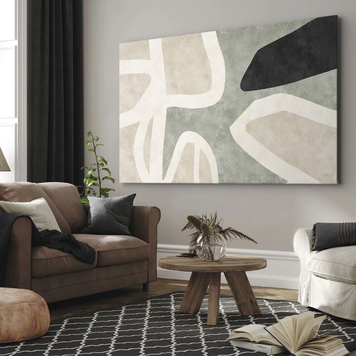 Obraz na płótnie - Abstrakcyjne kształty w stonowanych barwach - 100x70cm - Kompozycja z motywem czerni - Nowoczesna dekoracja ścienna do salonu, kuchni i sypialni ARTTOR