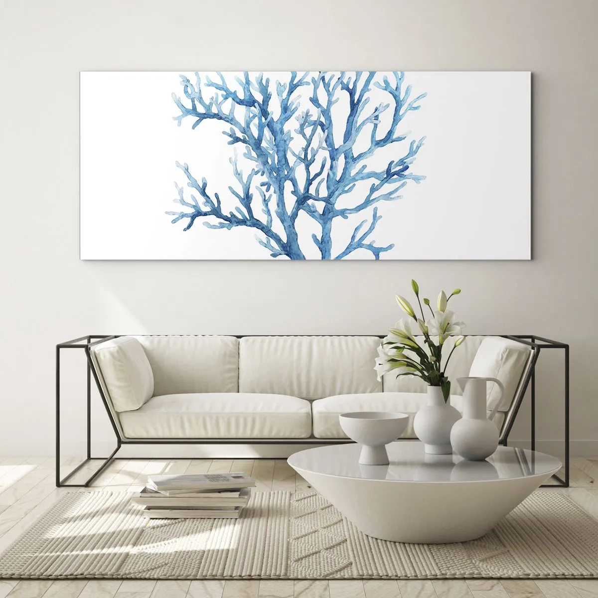 Obraz na szkle - Błękitny koral na białym tle o minimalistycznym charakterze - 160x50cm - Morski filigran - Nowoczesna dekoracja ścienna do salonu i sypialni ARTTOR