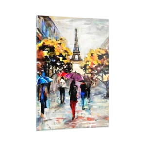 Obraz na szkle - Wieża Eiffla w tle spaceru ludzi pod kolorowymi parasolami - 50x70cm - Jesienią szczególnie piękny - Nowoczesna dekoracja ścienna do salonu, kuchni i sypialni ARTTOR