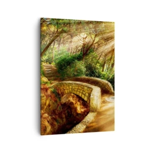 Obraz na płótnie - Kamienny mostek w lesie oświetlonym promieniami słońca - 50x70cm - Prosto z mostku w baśniowy las - Nowoczesna dekoracja ścienna do salonu, kuchni i sypialni ARTTOR