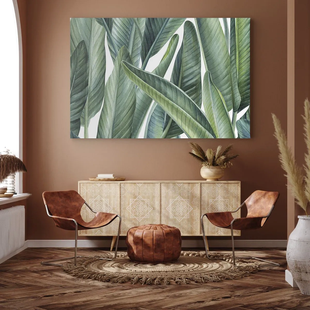Obraz na płótnie - Zielone liście w minimalistycznym, botanicznym stylu - 70x50cm - Zieleń sama w sobie - Nowoczesna dekoracja ścienna do salonu i sypialni ARTTOR