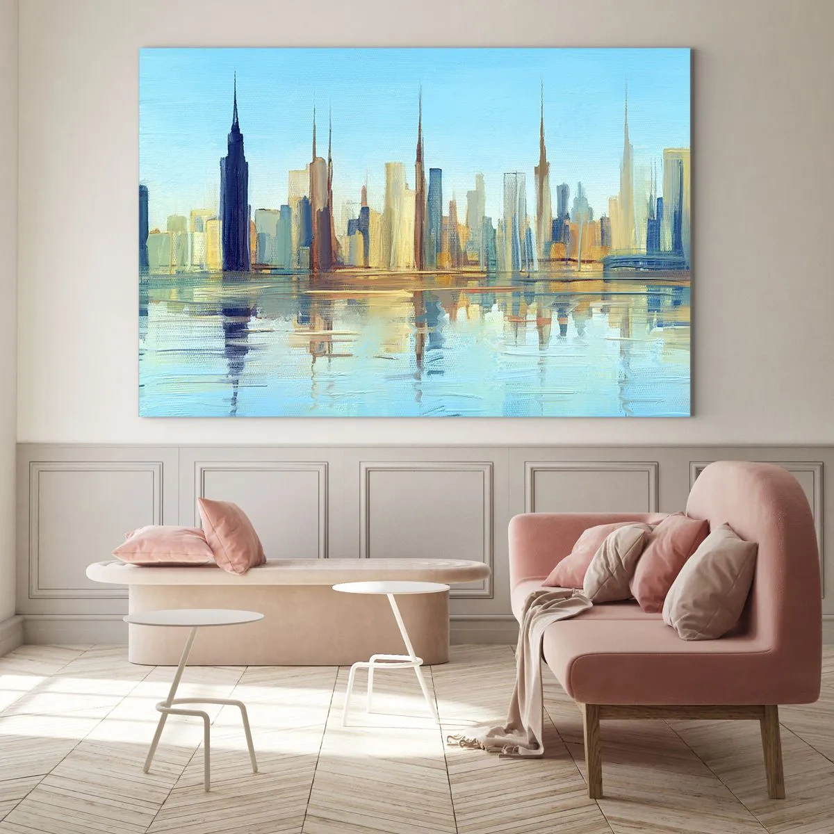 Obraz na szkle - Panorama metropolii odbijająca się w wodzie pod błękitnym niebem - 70x50cm - Słoneczna metropolia - Nowoczesna dekoracja ścienna do salonu i sypialni ARTTOR