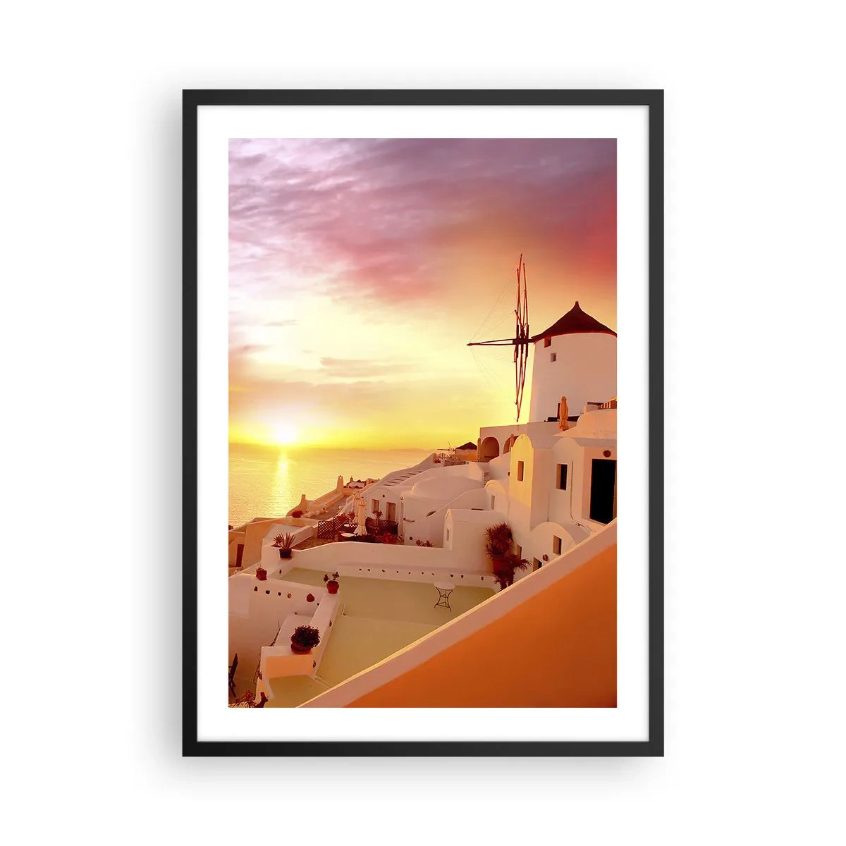 Plakat w czarnej ramie - Malowniczy zachód słońca w greckim miasteczku - 50x70cm - Rozpłynąć się w bieli i złocie - Nowoczesna dekoracja ścienna do salonu i sypialni ARTTOR