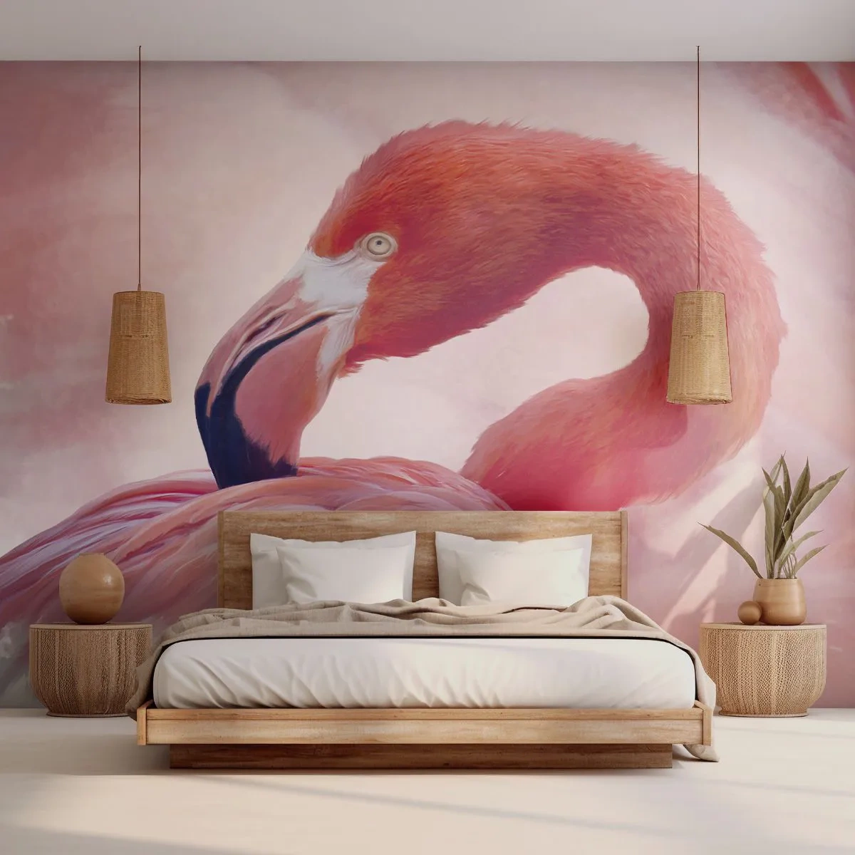 Fototapeta Premium Sand - Różowy flaming na tle pastelowego nieba - 100x70cm - Ptasia uroda - Nowoczesna dekoracja ścienna do salonu, kuchni i sypialni ARTTOR