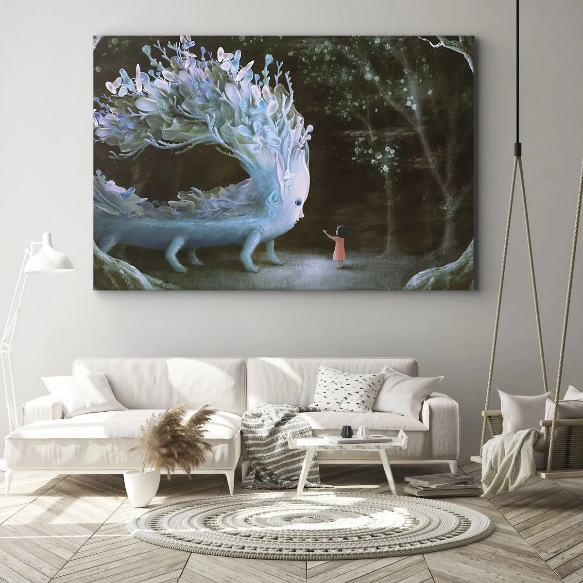 Obraz na płótnie - Postać dziewczynki naprzeciw fantastycznego stworzenia - 70x50cm - Fantastyczne spotkanie - Nowoczesna dekoracja ścienna do salonu i sypialni ARTTOR