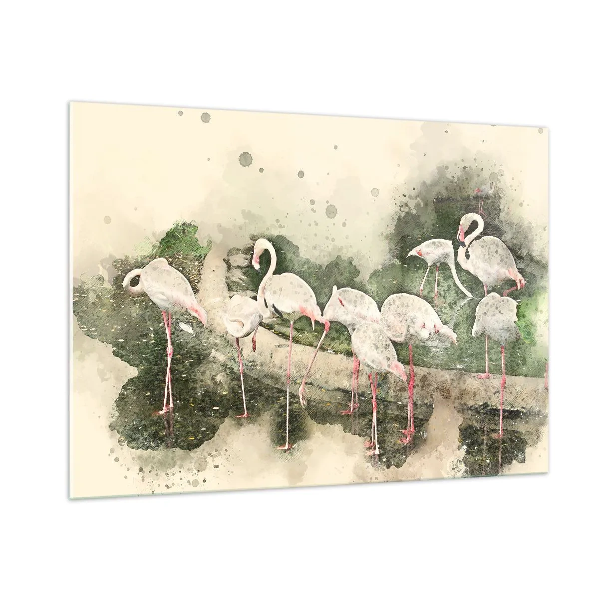 Obraz na szkle - Flamingi na tle akwarelowej kompozycji - 100x70cm - Egzotyczny sen - Nowoczesna dekoracja ścienna do salonu, kuchni i sypialni ARTTOR