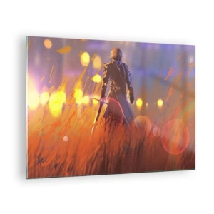 Obraz na szkle - Postać w zbroi wśród pomarańczowych traw z świetlistym tłem - 70x50cm - Błędny rycerz - Nowoczesna dekoracja ścienna do salonu i sypialni ARTTOR