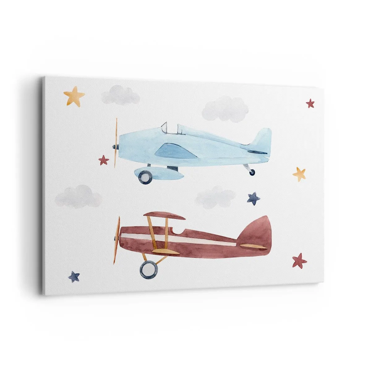 Obraz na płótnie - Ręcznie malowane samoloty na tle chmur i gwiazd - 100x70cm - Panie pilocie, czekamy! - Nowoczesna dekoracja ścienna do salonu, kuchni i sypialni ARTTOR