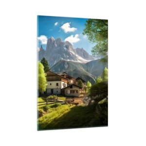 Obraz na szkle - Górska wioska z domami i widokiem na szczyty Alp - 80x120cm - Alpejska sielanka - Nowoczesna dekoracja ścienna do salonu i sypialni ARTTOR