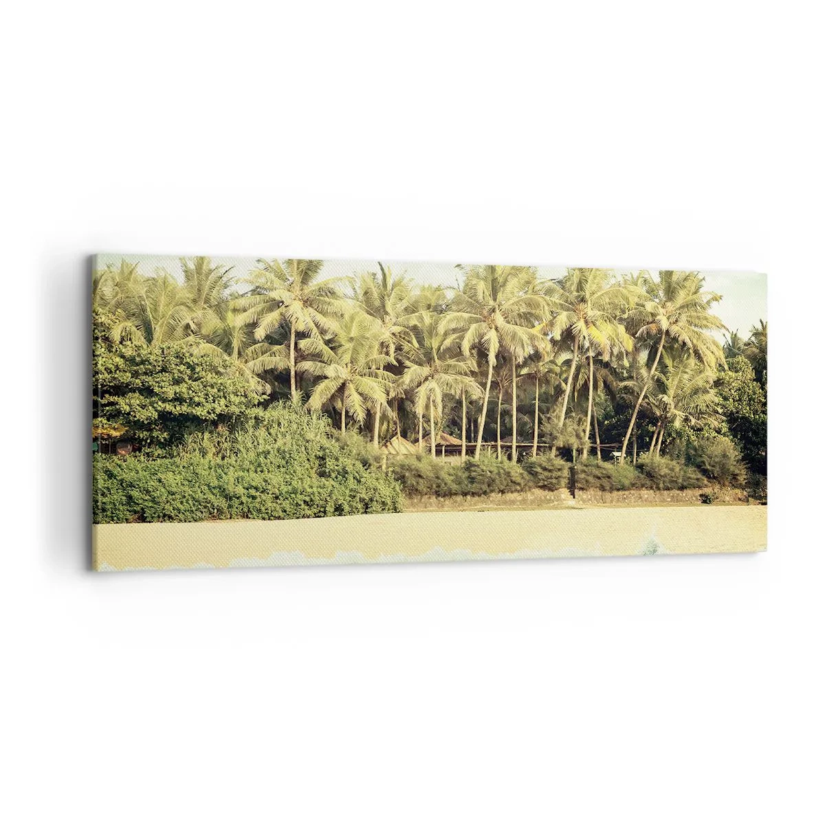 Obraz na płótnie - Tropikalna plaża z palmami i turkusowym morzem - 120x50cm - A może tutaj? - Nowoczesna dekoracja ścienna do salonu i sypialni ARTTOR