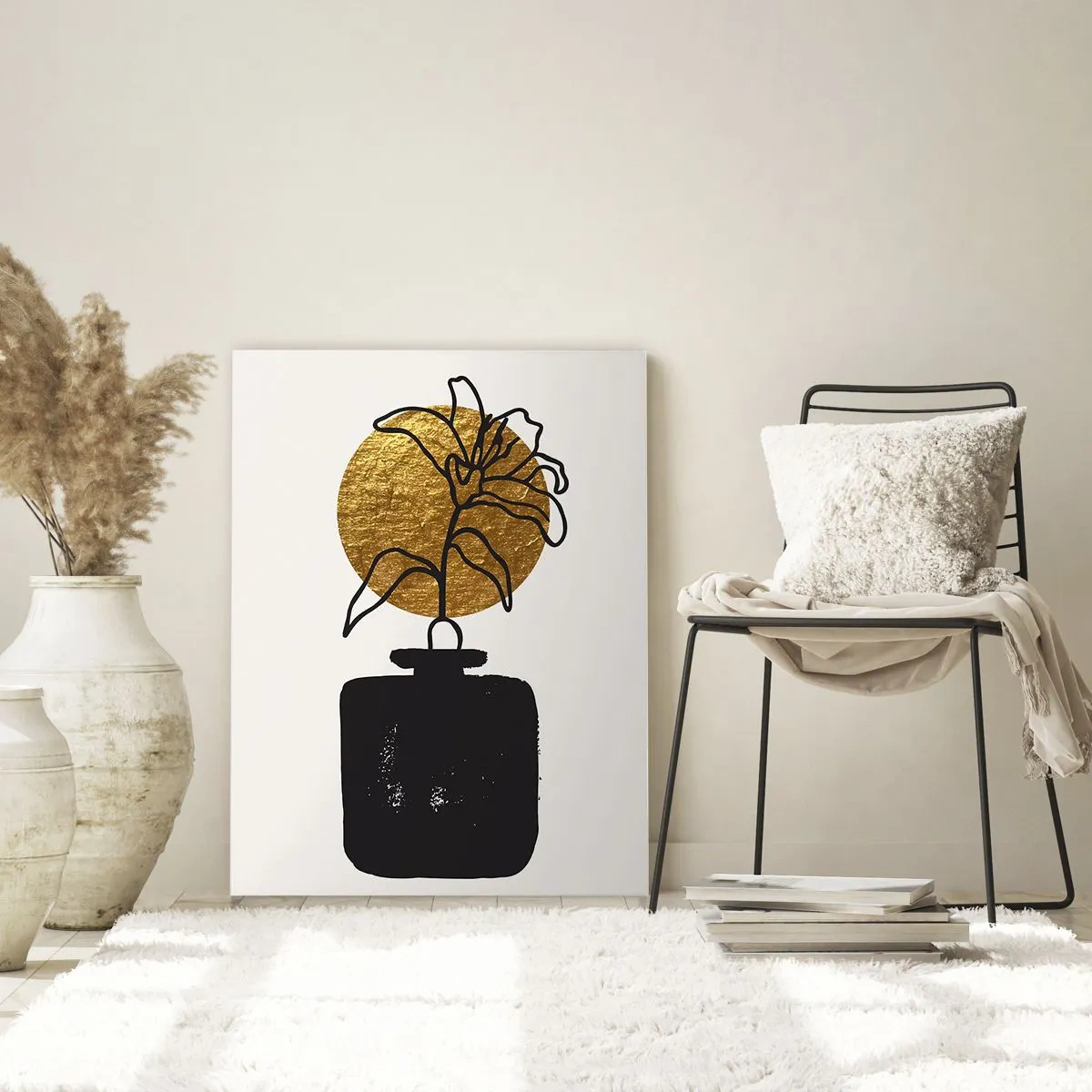 Obraz na szkle - Minimalistyczna grafika z kwiatem w złotym kole i czarnym wazonie - 50x70cm - Piękno na wagę złota - Nowoczesna dekoracja ścienna do salonu, kuchni i sypialni ARTTOR