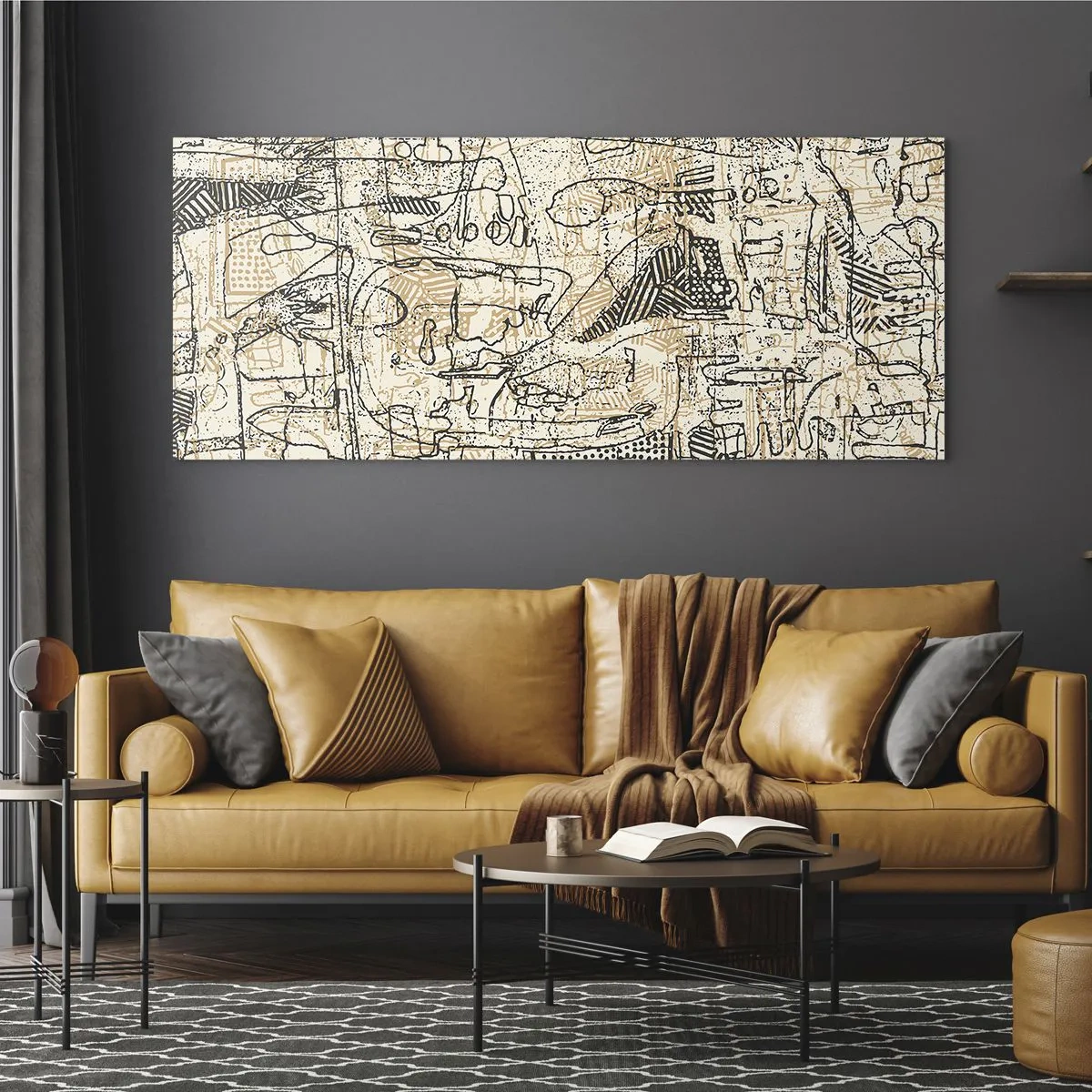 Obraz na szkle - Abstrakcyjne wzory i linie na beżowym tle - 120x50cm - Czeka na rozszyfrowanie - Nowoczesna dekoracja ścienna do salonu i sypialni ARTTOR