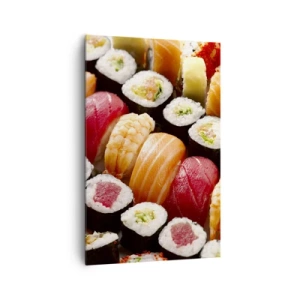 Obraz na płótnie - Kolorowe sushi ułożone w rzędy z różnorodnymi dodatkami - 80x120cm - Barwy i smaki Azji - Nowoczesna dekoracja ścienna do salonu i sypialni ARTTOR