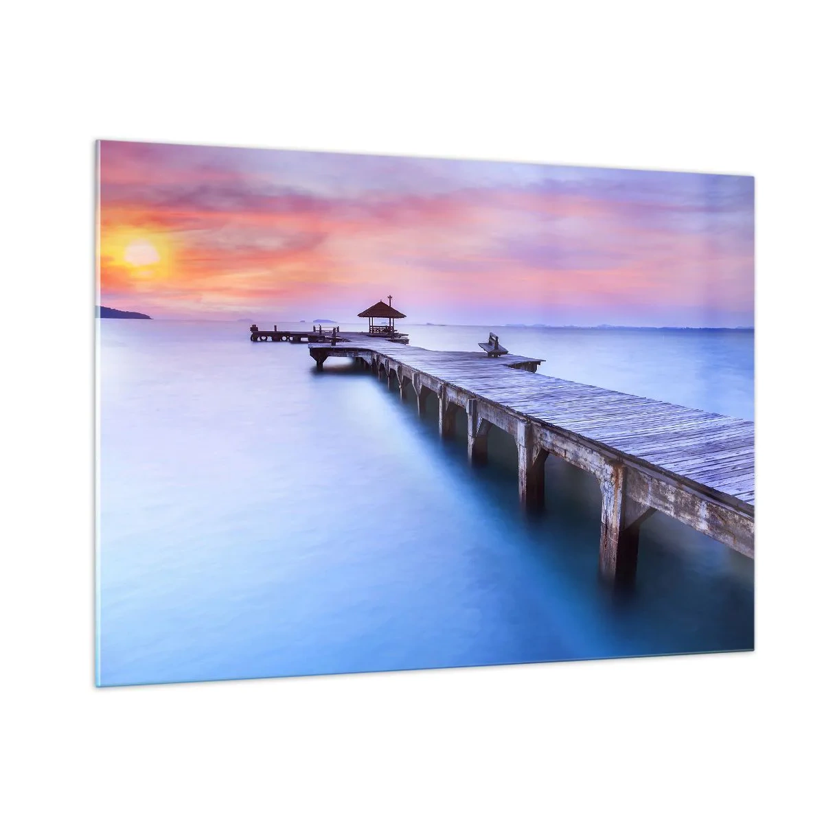 Obraz na szkle - Drewniane molo o wschodzie słońca na spokojnej wodzie - 100x70cm - Morze spokoju aż po horyzont - Nowoczesna dekoracja ścienna do salonu, kuchni i sypialni ARTTOR