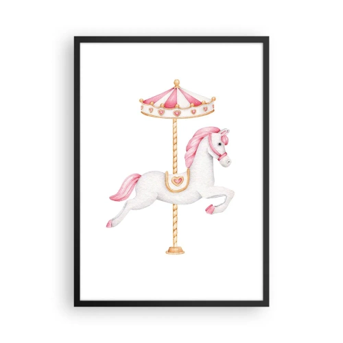 Plakat w czarnej ramie - Uroczy biały konik na karuzeli w pastelowych barwach - 50x70cm - Ruszył z kopyta - Nowoczesna dekoracja ścienna do salonu i sypialni ARTTOR