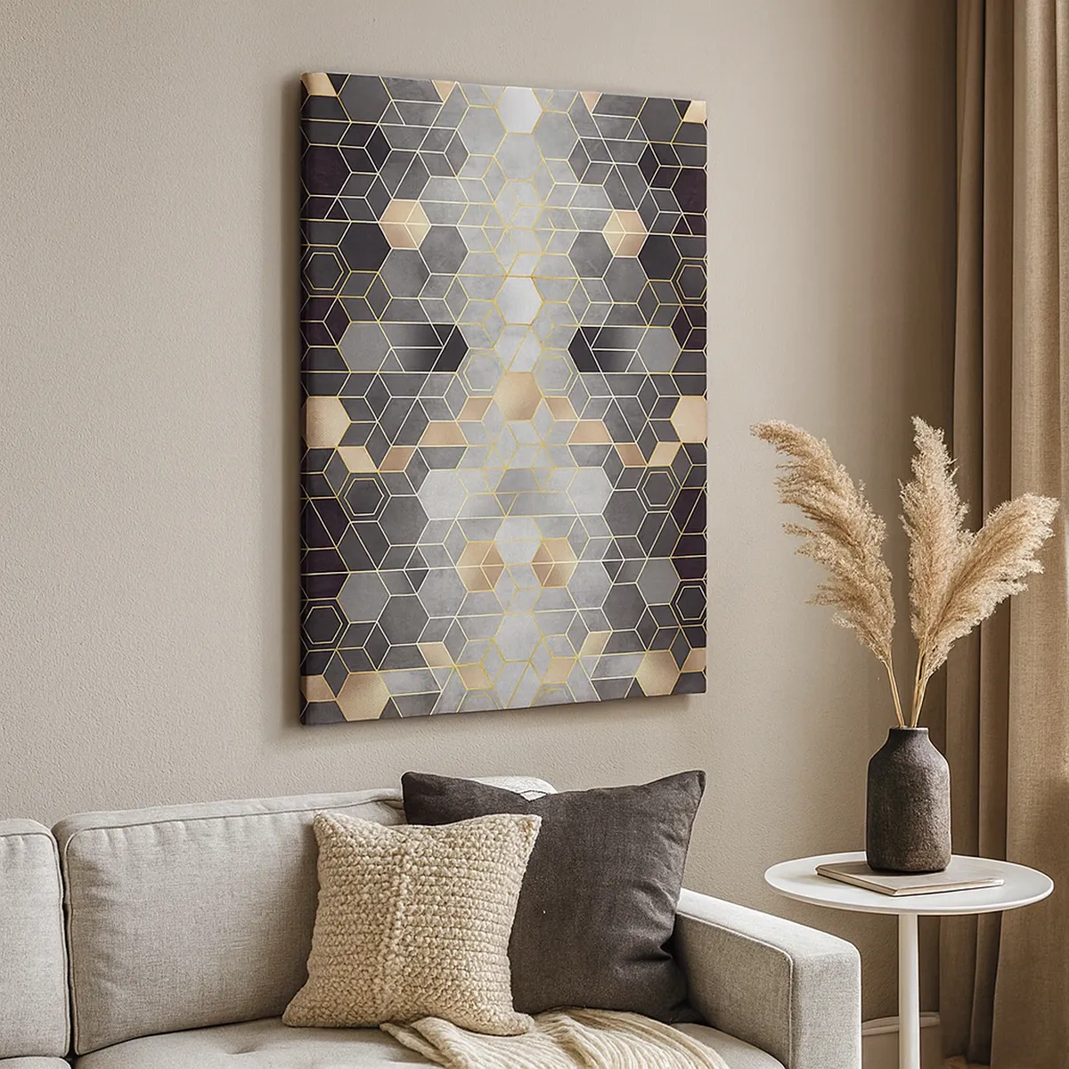 Obraz na płótnie - Geometryczny wzór z heksagonami w odcieniach szarości, złota i beżu - 50x70cm - Diamentowa kompozycja - Nowoczesna dekoracja ścienna do salonu, kuchni i sypialni ARTTOR