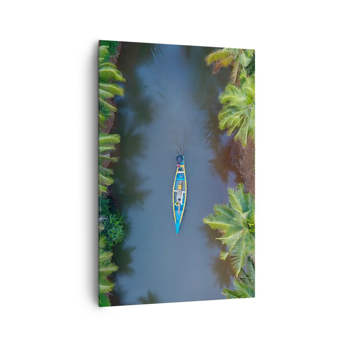Obraz na płótnie - Łódź na rzece otoczonej palmami z lotu ptaka - 80x120cm - Na tropikalnym szlaku - Nowoczesna dekoracja ścienna do salonu i sypialni ARTTOR