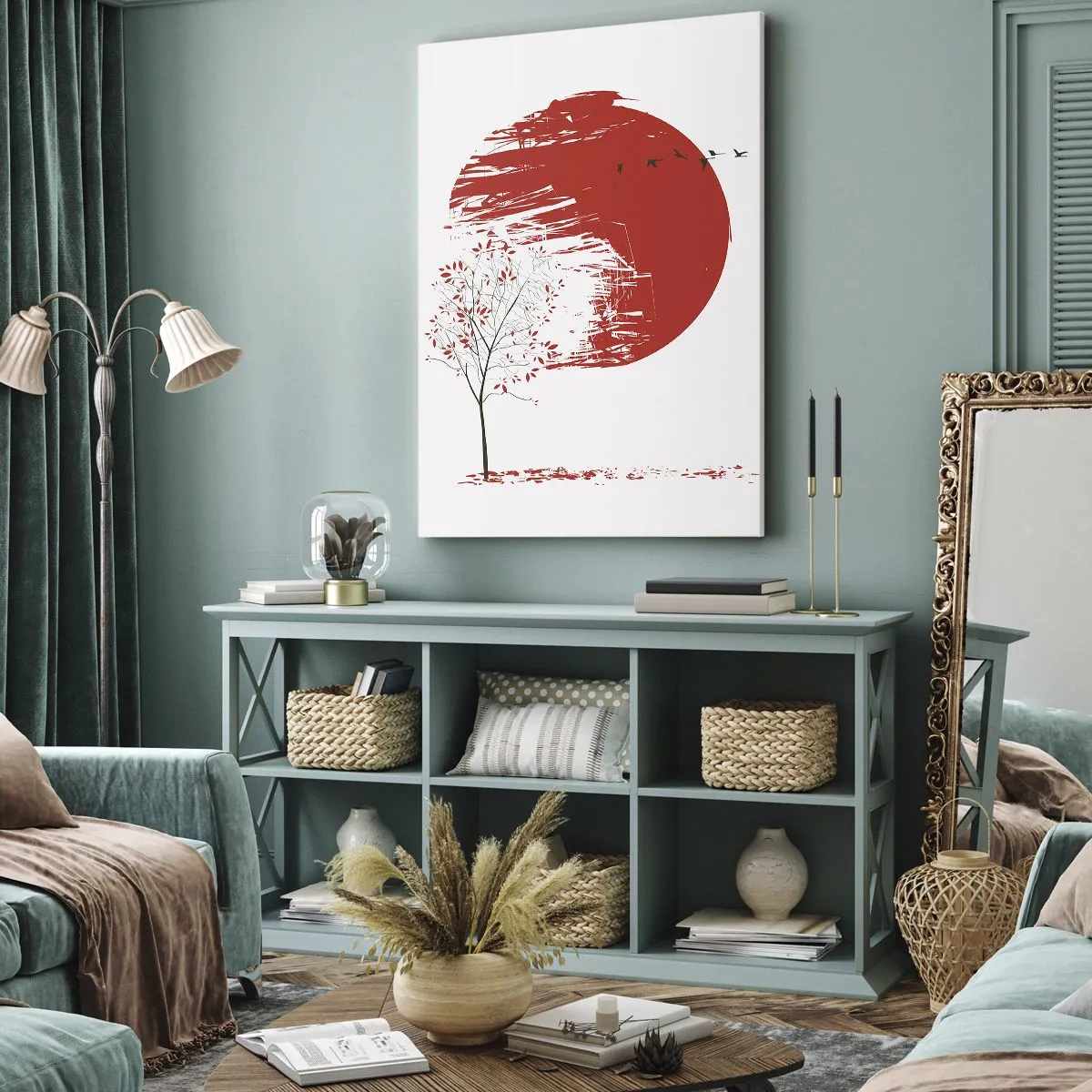 Obraz na płótnie - Czerwone słońce, drzewo z czerwonymi liśćmi i lecące ptaki - 50x70cm - Znasz li ten kraj? - Nowoczesna dekoracja ścienna do salonu, kuchni i sypialni ARTTOR