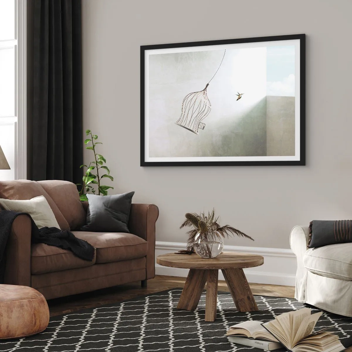 Plakat w czarnej ramie - Ptaszek uwolniony z klatki na tle jasnego nieba - 70x50cm - W swoim żywiole - Nowoczesna dekoracja ścienna do salonu i sypialni ARTTOR